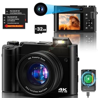 Digitalkamera 4K，64 MP Fotokamera Dual Kamera Anti-Shake Vlogging Fotokamera mit 32GB Speicherkarte, 16X Digitalzoom, 2 Akkus& Ladegerät，und Einsteiger Kompaktkamera für Jugendliche