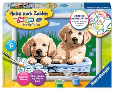 Ravensburger CreArt 27839 - Süße Hundewelpen - Malen nach Zahlen Hunde für Kinder ab 7 Jahre, Malset mit Rahmen, Pinsel und Acrylfarben, Geschenk für Mädchen und Jungen