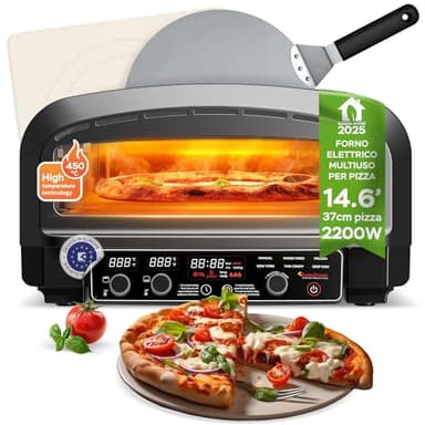 Elektrischer Pizzaofen bis 450°C für 37cm (14,6") große Pizza New York mit Pizzastein Indoor/Outdoor 2200W Garten für Zuhause kleine Back Ofen Tisch Flammkuchen mobiler inkl. Pizzaschieber