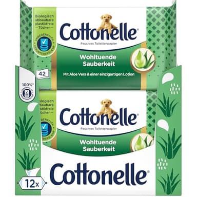 Cottonelle Feuchtes Toilettenpapier, Wohltuende Sauberkeit, Mit prebiotischer Lotion, Biologisch Abbaubar, Plastikfrei, Wiederverschließbar, 12 x 42 Feuchttücher
