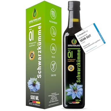 Kräuterland Schwarzkümmelöl 500ml, kaltgepresst & ungefiltert, hoher Thymochinon‑Anteil, ägyptische Samen, mühlenfrisch, 100 % Nigella sativa, naturrein ohne Zusatzstoffe, lichtgeschützten Glas