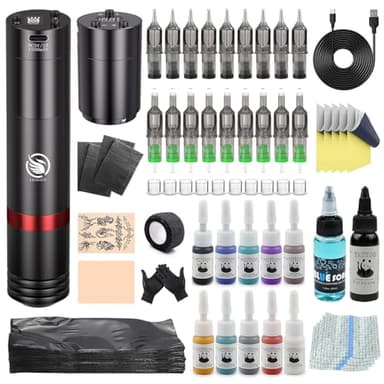 LIUMATE Wireless Maschine Set Kabellose Rotation Battery Pen Maschine mit 2 Stück 1500mAh Battery 20 Nadel 10 Tinte Komplettes Zubehör für Anfänger und Künstler