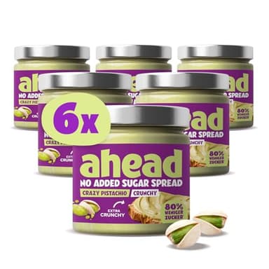 ahead CRUNCHY CRAZY PISTACHIO | 6 x 200g Pistaziencreme ohne Zuckerzusatz | Super leckere pistachio cream mit 80% weniger Zucker* | Ohne Palmöl, glutenfrei & vegetarisch
