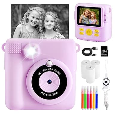 Kinderkamera Sofortbildkamera, 1080P Sofortbildkamera Kinder mit 32GB TF Karte,Druckpapier, Kamera Kinder Geschenke für Mädchen Jungen Alter 3-12 Jahre