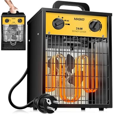 MASKO® Elektroheizer Heizlüfter Bauheizer Keramik Heizstrahler elektrisch Heizgerät mit Thermostat Elektroheizer mit 3 Heizstufen, Heizgebläse für Innen- und Außeneinsatz (Gelb, 3 KW - Eckig)