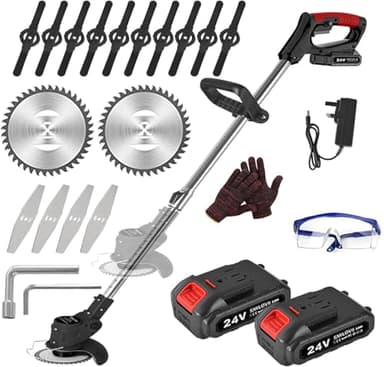 SMILOVII Rasentrimmer Mit Akku, Motorsense akku Mit 2x2000mAh Batterie, 6X Metallklinge & 10x Kunststoffklingen, kantenschneider und Akku Rasentrimmer für effiziente Rasenpflege und Unkrautbeseitigung