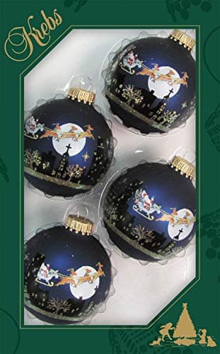 Dekohelden24 Lauschaer Christbaumschmuck - 4er Set Kugeln in Blau Matte mit Weihnachtsszene, 7 cm, mit goldenem Krönchen