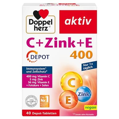 Doppelherz C + Zink + E 400 - Vitamin C und Zink unterstützen die normale Funktion des Immunsystems - vegan - 40 Tabletten