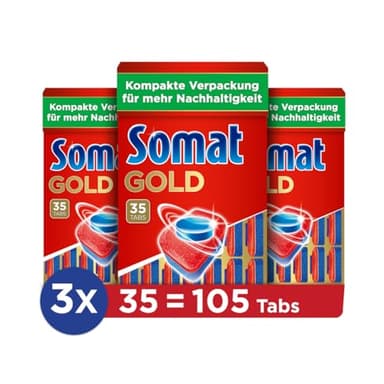 Somat Gold Spülmaschinen Tabs (105 Tabs), Geschirrspültabs für strahlend sauberes Geschirr auch bei niedrigen Temperaturen, Extra-Kraft gegen Eingebranntes, kompakte Verpackung für mehr Nachhaltigkeit