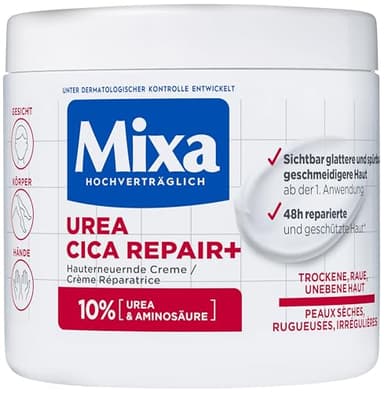 Mixa Urea hauterneuernde Creme mit Urea & Niacinamide, für trockene und raue und unebene Haut, repariert und glättet, Feuchtigkeitspflege für den Körper, Hände und Gesicht, Urea Cica Repair+, 400 ml