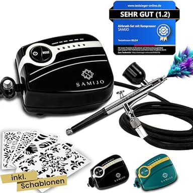 SAMIJO Airbrush Set mit Kompressor, leise, kompakt, vielseitig, Airbrush-Set für Einsteiger, inkl. [DIY SCHABLONEN] Dein Komplettset für Modellbau, Haut, Nails und vieles mehr, schwarz