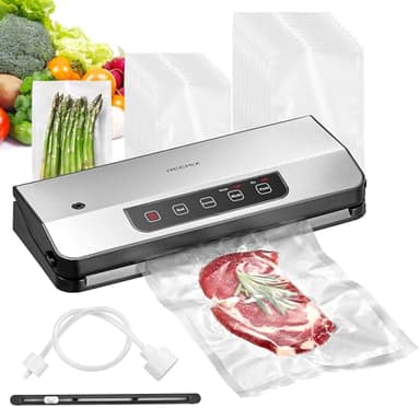 Vakuumierer, Reemix 8-in-1 Lebensmittel Vakuumiergerät mit 65 KPA Starker Saugkraft, Vakuumgerät mit eingebautem Cutter, 20 Vakuumbeutel & Zubehörschlauch