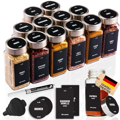 Deco haus® Gewürzgläser eckig luftdicht 12er Set [inkl. Etiketten & Streueinsatz] - Gewürzdosen Set Glas - Gewürzbehälter Spice Jars - Gewürze Aufbewahrung - Behälter für Gewürze - Gewürzaufbewahrung