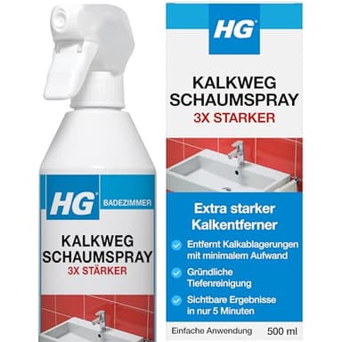 HG Kalkentferner-Schaumspray Super Stark, effektiver Kalkentferner für Armaturen, Toiletten, Duschköpfe, Chrom, Badewannen & Duschwände - 500 ml