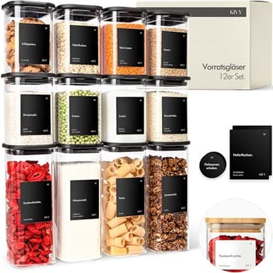 KIVY Vorratsgläser eckig [12er Set] + Etiketten - Stapelbare & Luftdichte Aufbewahrungsgläser mit Deckel - Schwarze Vorratsgläser mit Deckel Luftdicht - Vorratsdosen Glas Aufbewahrung