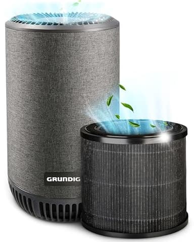 Grundig Luftreiniger Allergiker Air Purifier - Extra leise Hepa Filter + AKTIVKOHLEFILTER filtert 99,9% Schimmel Staub Pollen Viren Raucherzimmer, Luftqualitätsanzeige - 49m2 (Gerät + Ersatzfilter)