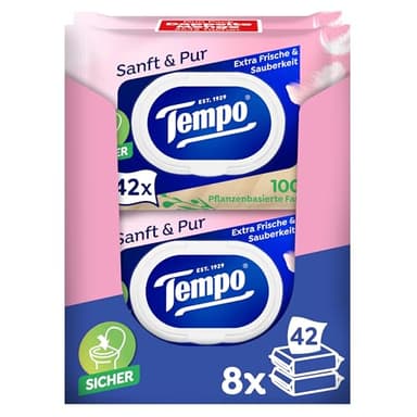 Tempo Feuchte Toilettentücher "Sanft & Pur" - Megapack - 16 Packungen mit je 42 Tüchern - Duo Packs - feuchtes Toilettenpapier, dermatologisch getestet und pH-hautneutral