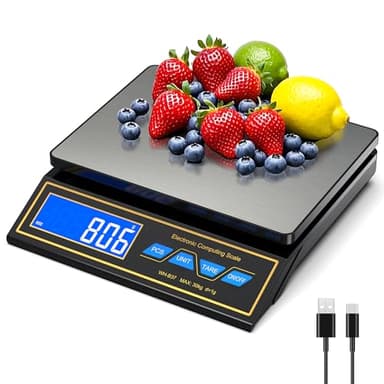 Yabdbg Küchenwaage 30kg,Edelstahl Digitalwaage Paketwaage Feinwaage 1g zum Gastronomie Messen von Fleisch Wurst Kaffeewaage mit LCD,PCS Zähl Tara Funktion,9 Maßeinheit,Auto Shutdown,USB-C Aufladbar