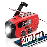 Kurbelradio mit Solar, Notfallradio, Tragbares Radio mit Handkurbel, AM/FM Radio mit LED-Taschenlampe, 2000mAh Powerbank, SOS-Alarm, USB-Handy-Ladegerät, Für Notfälle, Camping & Wanderungen (Rot)