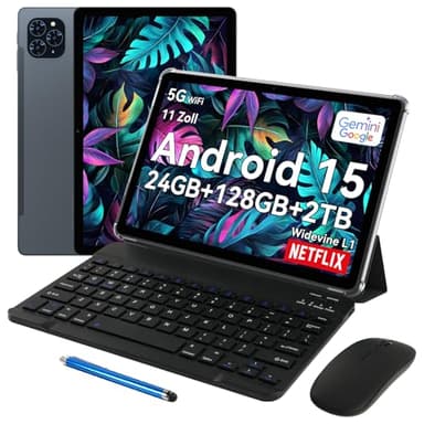 TABWEE T90 Android 15 Tablet mit Tastatur - Gemini AI, 24GB RAM+128GB ROM, Octa Core T615, Gaming Tablet 11 Zoll, 1920x1200 FHD+IPS, 8000mAh Akuu, 13MP+5MP KI Kamera, 5G WiFi, Widevine L1, GPS