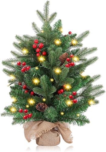 FGHB Weihnachtsbaum, 50 cm künstlicher Weihnachtsbaum mit 75 Zweigspitzen, weihnachtsbaum mit beleuchtung mit 2 m LED-Lichtern, Zementsockel, für Weihnachten Deko