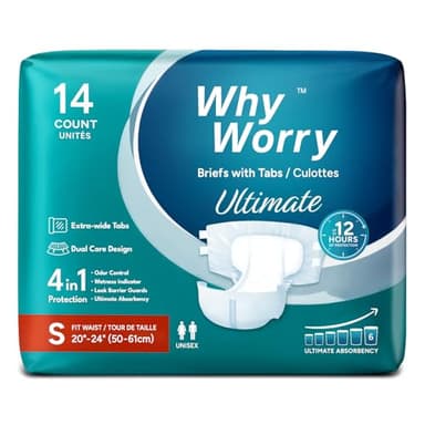 WhyWorry Ultimate Windeln für Erwachsene, Inkontinenz Slip für Frauen und Männer, Erwachsenen Windel mit ultimativ Saugfähigkeit, Auslaufschutz über Nacht, Unisex, Größe S, 14 Stück