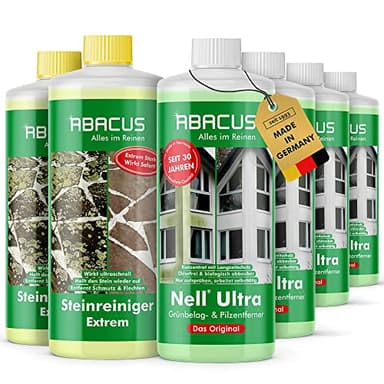 ABACUS® Nell Ultra® Grünbelagentferner 4L + Steinreiniger Extrem 2L | Entfernt Grünbelag & Algen mit selbsttätig! | Algenentferner, Pilzentferner, Flechtenentferner, Steinreiniger, Terrassenreiniger