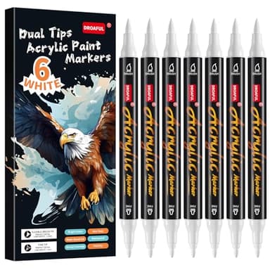 Weiß Acrylstifte für Steine Wasserfest, 6 Acrylstifte Spülmaschinenfest Bemalen für Steinen, Porzellan, Glas, Leinwand, Keramik, Holz, Metall, Kunststoff, Schnelltrocknend, Ungiftig und Geruchsneutra