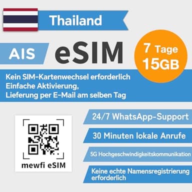 Thailand AIS eSIM 7 Tage 15GB - 5G Hochgeschwindigkeitskommunikation, 30 Minuten lokale Anrufe - 24/7 Whatsapp-Support - Einfache Aktivierung, für entsperrte eSIM-kompatible Smartphones