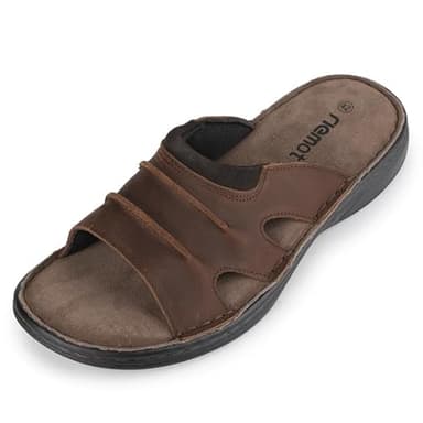 riemot Herren Pantoletten Leder Sommer Slide Sandalen Bequeme Latschen Leicht Weiche Gummisohle Slipper Schuhe Meer Strand Outdoor Hausschuhe Braun EU43