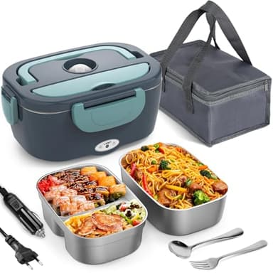 Herrfilk 80W Elektrische Lunchbox Erwachsene, Thermo Lunch box mit Tasche,Edelstahl Gabel & Löffel und 2 x 1.5 L Essensbox, 3-in-1 12/24/110~230V,Auslaufsicherer,Brotdose Elektrisch für Auto LKW Büro
