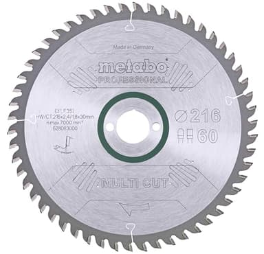 Metabo Sägeblatt Multi Cut - Professional, 216 x 2,4/1,8 x 30, Zähnezahl 60, Z60 FZ/TZ, 5° neg. – 628083000 – Universeller Einsatz für anspruchsvolle Materialien