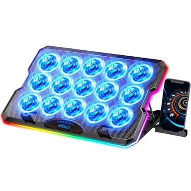 AIMIUZI Laptop-Kühlkissen, Gaming-Laptop-Kühler mit 15 leisen Lüftern für 30,5-43,8 cm (12–17,3 Zoll) Notebook, schlanker, tragbarer RGB-Laptop-Kühlständer mit 7 höhenverstellbaren 2 USB-Anschlüssen,