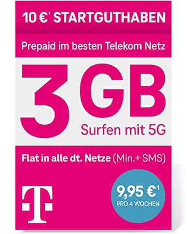 Telekom MagentaMobil Prepaid M SIM-Karte ohne Vertragsbindung, 5G inklusive I + 3 GB & Allnet Flat (Min, SMS) in alle dt. Netze & EU-Roaming I 10EUR Startguthaben