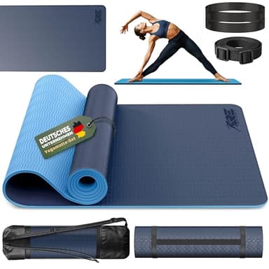 RE:SPORT Yogamatte Phthalatfrei | Gymnastikmatte rutschfest | Fitnessmatte schadstofffrei | Trainingsmatte mit Tragegurt Phthalatfrei 183 x 61 x 0,6 cm (Navyblau/Hellblau)