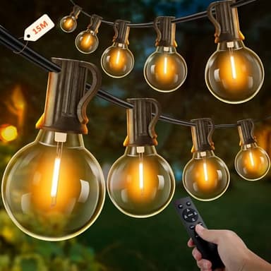 UooEA Lichterkette Außen mit Timer, 15M LED Lichterkette Strom Outdoor mit 25+2 G40 Glühbirnen, 4 Modus und Dimmbar Lichterkette Wasserdicht für Garten Balkon Terrasse Party Hochzeit (Warmweiß)