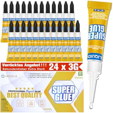 Sekundenkleber Flüssig (24er-Pack x 3g) – extra starker & wasserfest Superkleber für schnelle, flexible Sofortreparaturen, transparent kontakt Kleber für Kunststoff, Holz, Porzellan, Glas uvm.