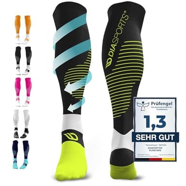 Diasports Kompressionsstrümpfe Sport, Laufen, Marathon und Triathlon RUNSTARS | Erstklassige Kompressionssocken mit gleichmäßiger Kompression und verstärkter Ferse für Damen und Herren (Schwarz, L)