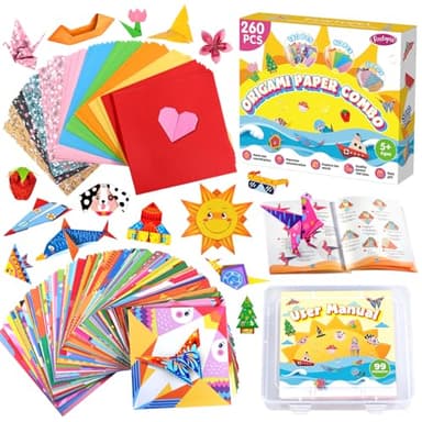 Funtopia 260 Blätter Origami Papier, 99 Mustern Bunte Origami Kit mit Anleitungsbuch und Aufbewahrungsbox, Kreatives Basteln Lieferungen für Mädchen Jungen, für Heim, Schule, Urlaub (für Kinder ab 5)