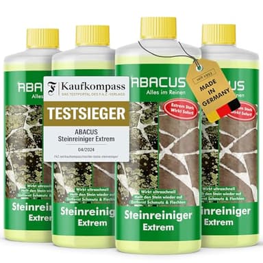 ABACUS® Steinreiniger Extrem, intensiver Steinreiniger für außen mit Sofortwirkung, entfernt sofort Schmutz, Grünbelag, Flechten & Algen auf Steinen in Minuten, Steinreiniger Intensiv außen 4x 1000ml