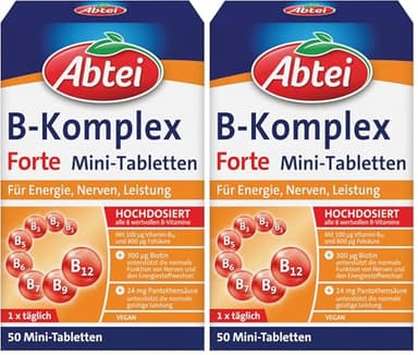 Abtei Vitamin B-Komplex Forte - Für Energie, Nerven, Leistung - Mit allen 8 B-Vitaminen und Biotin - Hochdosiert - Glutenfrei, laktosefrei, vegan - 50 Mini-Tabletten (Packung mit 2)