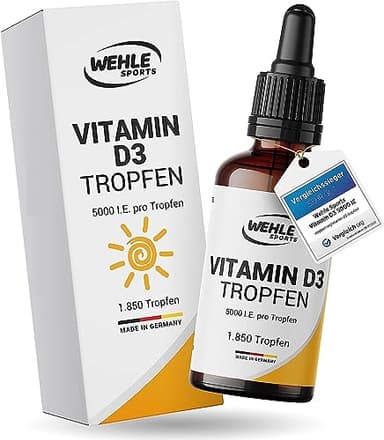 Vitamin D3 5000 IE pro Tropfen hochdosiert – Flüssiges Vitamin D3 50ml (1850 Tropfen) mit MCT-Öl aus Kokos – Laborgeprüft – Verpackung kann variieren