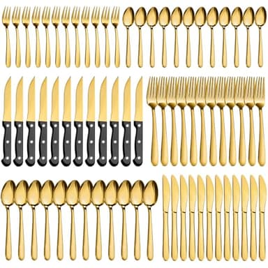Besteck Set 12 Personen, Pleafind 72-teiliges Goldenes Besteck, Edelstahl BesteckSet mit Steakmesser, Elegantes Besteck Set, inkl. Gabeln, Löffel, Messer, spülmaschinenfestes