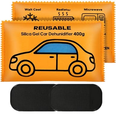 Flow fire 2 Pack x 400g Wiederverwendbare Luftentfeuchterbeutel für Auto, Kieselgel Auto Feuchtigkeitsabsorber mit Anti-Rutsch-Pad, Kondensationsbeutel für Haus, Fenster
