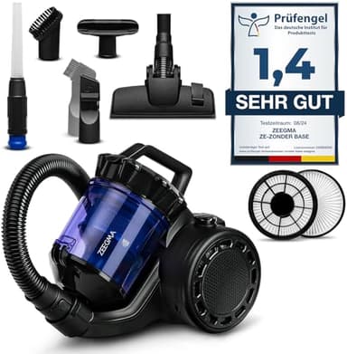 Zeegma Zonder Base Staubsauger beutellos Zyklon Staubsauger, hohe Saugleistung, 2 HEPA H13 und waschbare Filter Allergikerfreundlich Staubbehälter, 2,5 Liter