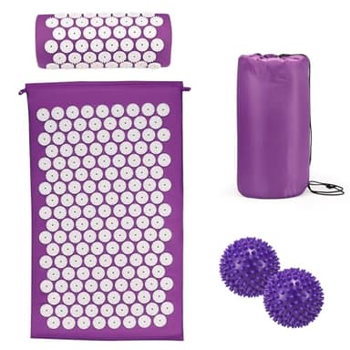 Akupressurmatte Akupunktur matte mit Kissen gegen Nacken und Rückenschmerzen, Akkupressmatte für die Magnetfeldtherapie, Inklusive Tragetasche und zwei Massagekugeln für Frauen und Männer - Lila