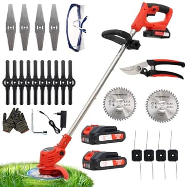Akku Rasentrimmer Akkurasenmäher, 2 Akkus 21V und 4 Messertypen, Akku Freischneider Elektrischer Elektro Trimmer Gartenkantenfräser für Garden