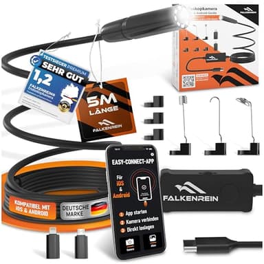 FALKENREIN® Smart Inspect Set - Endoskopkamera mit Licht und praktischem Zubehör | Kompatibel mit iOS und Android | Premium-Endoskopkamera für mühelose Inspektionen von Abfluss, KFZ, Wand & mehr