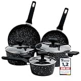 La Moustache - 8-Teiliges Kochgeschirr, Set Antihaftbeschichtetem Aluminium, 3 Töpfe mit 3 Deckeln aus Gehärtetem Glas und 2 Bratpfannen für Alle Herdarten, Sogar Induktion (Onix)