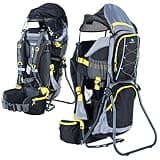 Dromader Kraxe Kindertrage bis 22kg – Kindertrage Wandern mit Sonnendach, Regenschutz, Thermotasche, Wickelmatte – Einhändig klappbare Rahmen – Schwarz & Gelb